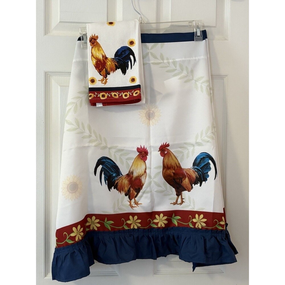 Vintage Rooster And Sunflowers Curtain Ruffle Panels Set 26"X 29 Hand Towel Pair